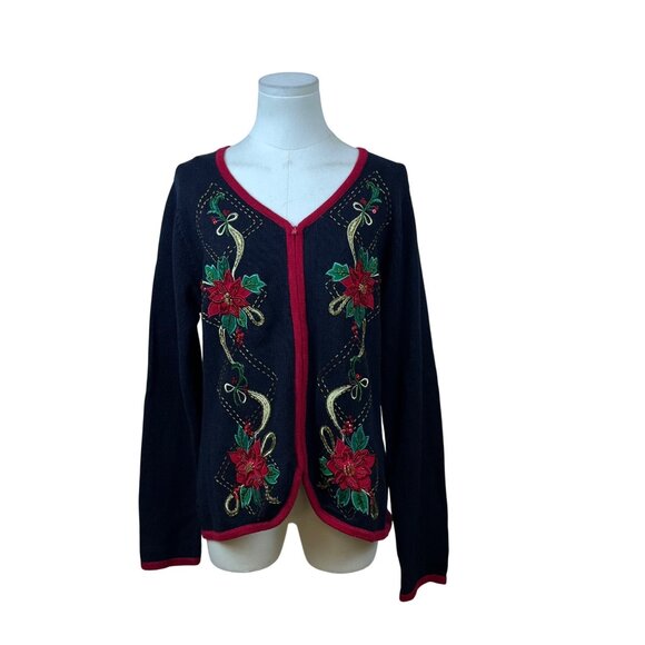 Tiara International Women's Black Red Cardigan Sweater Embroidered Sz L - Picture 1 of 8